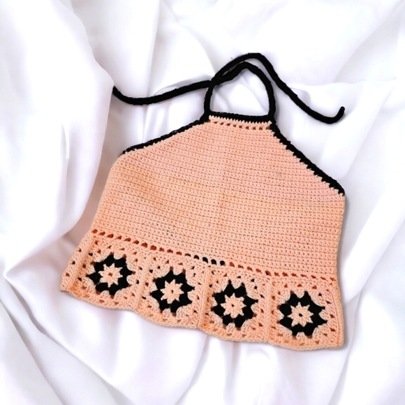 Hand Crafted Tops - Handmade Crocheted Baby Pink Bikini Boho Halter Crop Top LG/XL